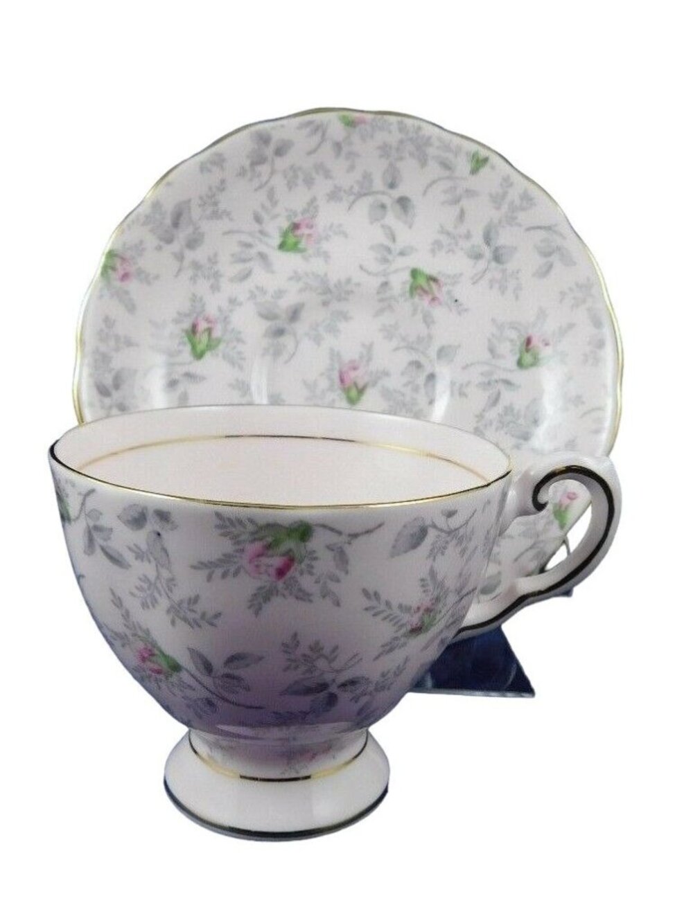 Royal Tuscan Pink Grey Leaves & Pink Roses Bone China Teacup & Saucer England